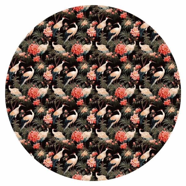 Papier Peint rond - Ornament with birds – silhouettes of cranes and peony flowers on a dark background