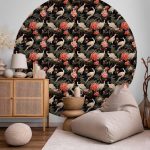 Papier Peint rond - Ornament with birds – silhouettes of cranes and peony flowers on a dark background
