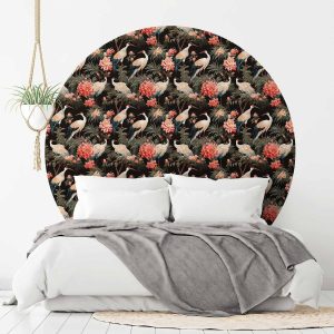 Papier Peint rond - Ornament with birds – silhouettes of cranes and peony flowers on a dark background