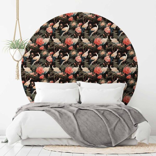 Papier Peint rond - Ornament with birds – silhouettes of cranes and peony flowers on a dark background