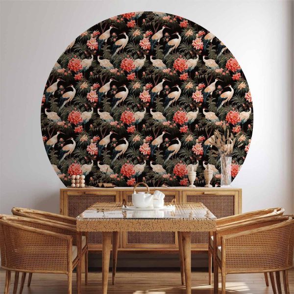 Papier Peint rond - Ornament with birds – silhouettes of cranes and peony flowers on a dark background