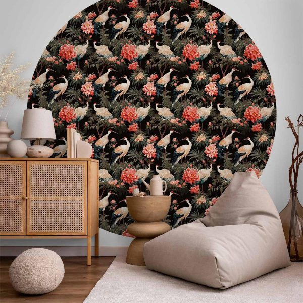 Papier Peint rond - Ornament with birds – silhouettes of cranes and peony flowers on a dark background Papier Peint rond - Ornament with birds – silhouettes of cranes and peony flowers on a dark background