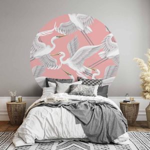 Papier Peint rond - Pastel birds – a delicate pattern of white and grey herons on a light pink background