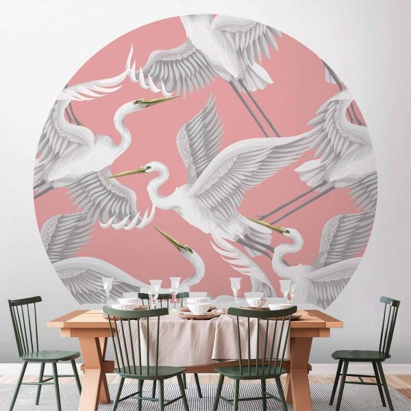 Papier Peint rond - Pastel birds – a delicate pattern of white and grey herons on a light pink background