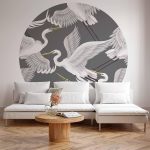 Papier Peint rond - Pastel birds – a delicate pattern of white and grey herons on a light pink background