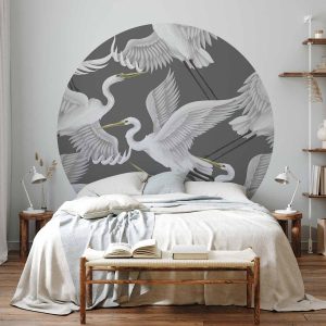 Papier Peint rond - Pastel birds – a delicate pattern of white and grey herons on a light pink background
