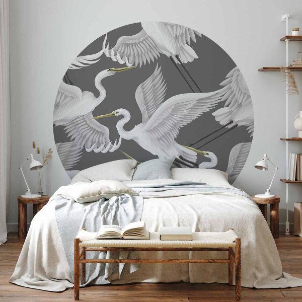 Papier Peint rond - Pastel birds – a delicate pattern of white and grey herons on a light pink background
