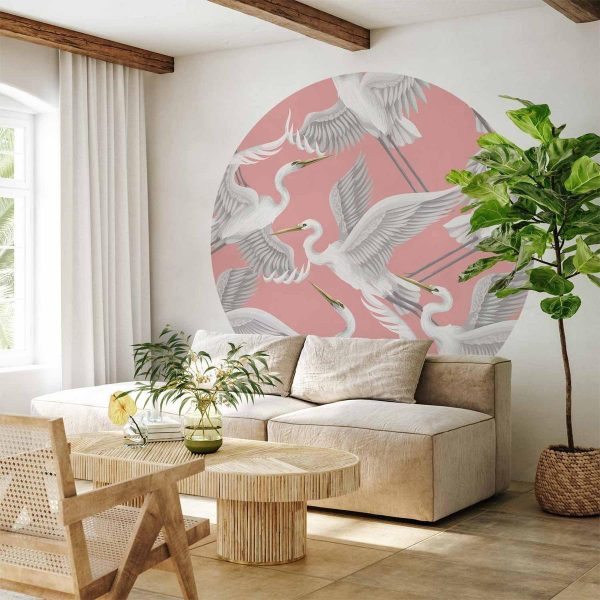 Papier Peint rond - Pastel birds – a delicate pattern of white and grey herons on a light pink background Papier Peint rond - Pastel birds – a delicate pattern of white and grey herons on a light pink background