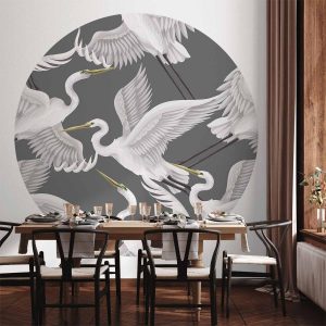Papier Peint rond - Pastel birds – a delicate pattern of white and grey herons on a light pink background