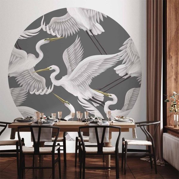 Papier Peint rond - Pastel birds – a delicate pattern of white and grey herons on a light pink background