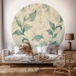 Papier Peint rond - Watercolour green and beige leaves