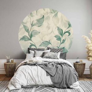 Papier Peint rond - Watercolour green and beige leaves