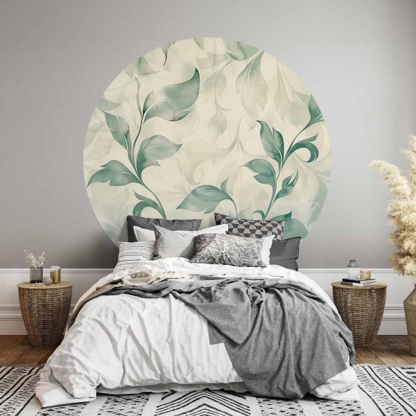 Papier Peint rond - Watercolour green and beige leaves
