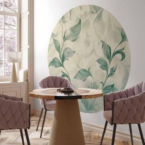 Papier Peint rond - Watercolour green and beige leaves