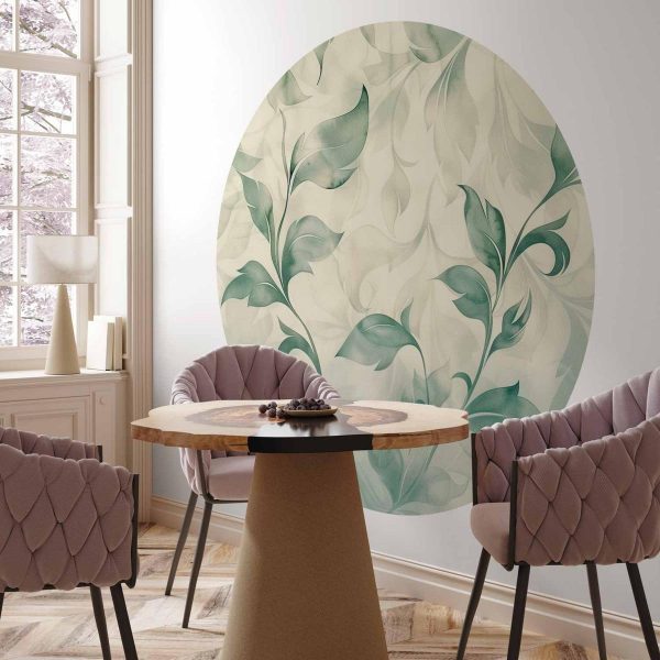 Papier Peint rond - Watercolour green and beige leaves