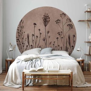 Papier Peint rond - Wildflowers – black plants on lime-wash background