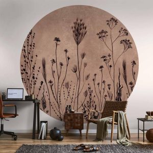 Papier Peint rond - Wildflowers – black plants on lime-wash background