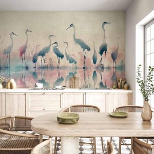 Papier peint - Birds by the lake - herons painted in watercolour in delicate grey and pink colours
