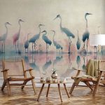 Papier peint - Birds by the lake - herons painted in watercolour in delicate grey and pink colours