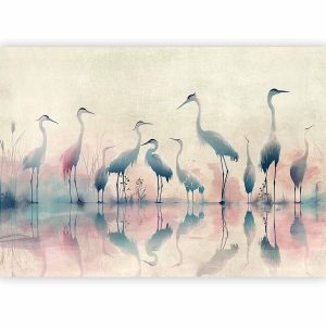 Papier peint - Birds by the lake - herons painted in watercolour in delicate grey and pink colours