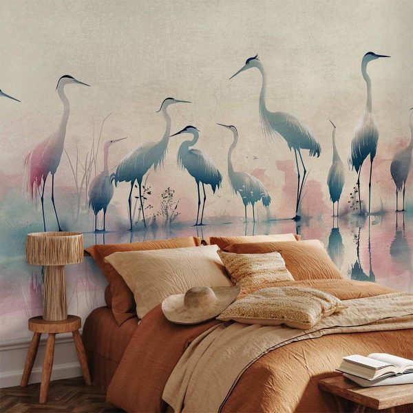 Papier peint - Birds by the lake - herons painted in watercolour in delicate grey and pink colours