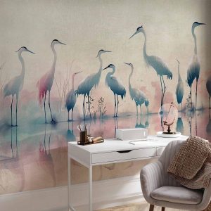 Papier peint - Birds by the lake - herons painted in watercolour in delicate grey and pink colours