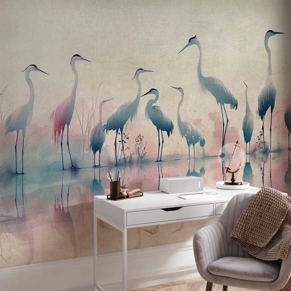 Papier peint - Birds by the lake - herons painted in watercolour in delicate grey and pink colours