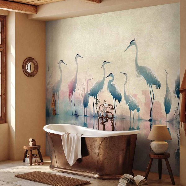Papier peint - Birds by the lake - herons painted in watercolour in delicate grey and pink colours