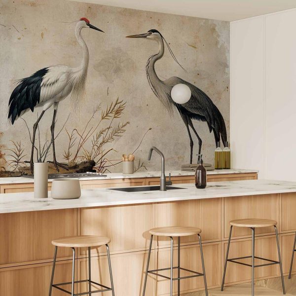 Papier peint - Birds from an old engraving - vintage-style illustration depicting a heron and a crane