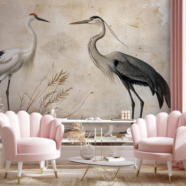 Papier peint - Birds from an old engraving - vintage-style illustration depicting a heron and a crane Papier peint - Birds from an old engraving - vintage-style illustration depicting a heron and a crane