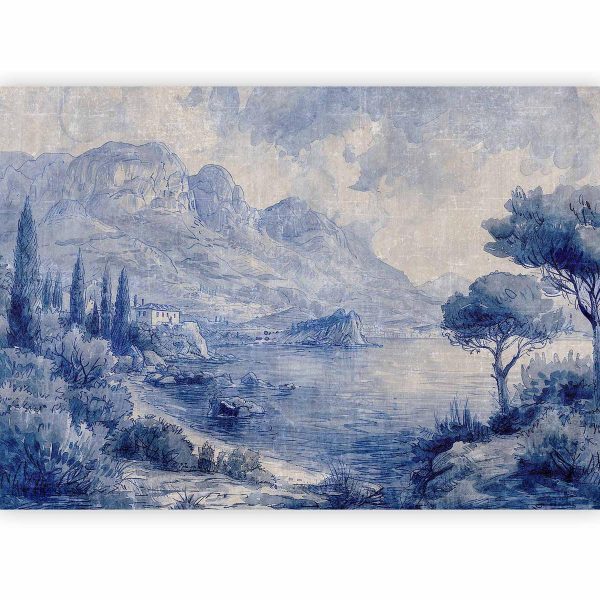 Papier peint - Blue Bay - Italian landscape of Lake Como painted with blue ink