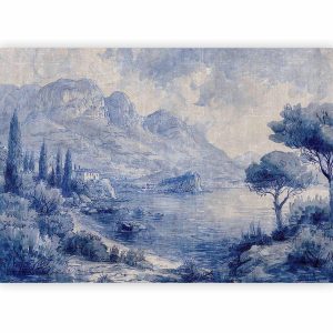 Papier peint - Blue Bay - Italian landscape of Lake Como painted with blue ink