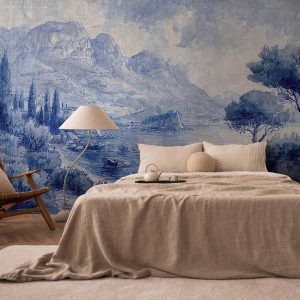 Papier peint - Blue Bay - Italian landscape of Lake Como painted with blue ink