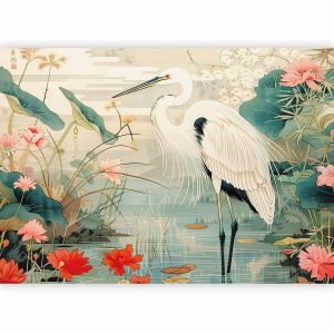 Papier peint - By an Asian pond - an illustration in the style of a Japanese engraving, depicting a heron