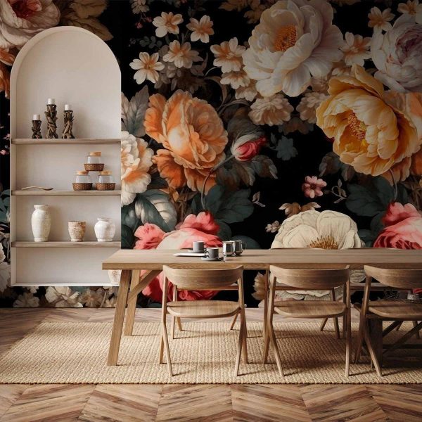 Papier peint - Colourful flowers on a black background