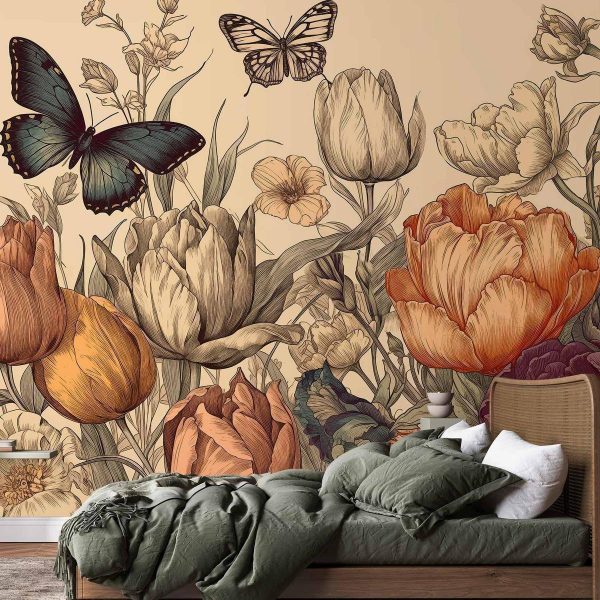 Papier peint - Colourful tulips on a cream background