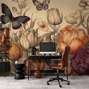 Papier peint - Colourful tulips on a cream background