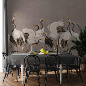 Papier peint - Crane dance – bright silhouettes of birds against a warm grey background with texture