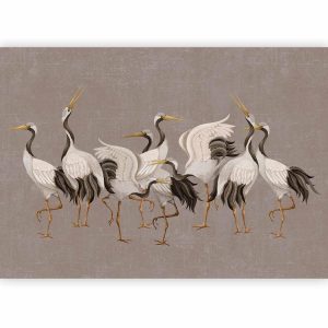 Papier peint - Crane dance – bright silhouettes of birds against a warm grey background with texture