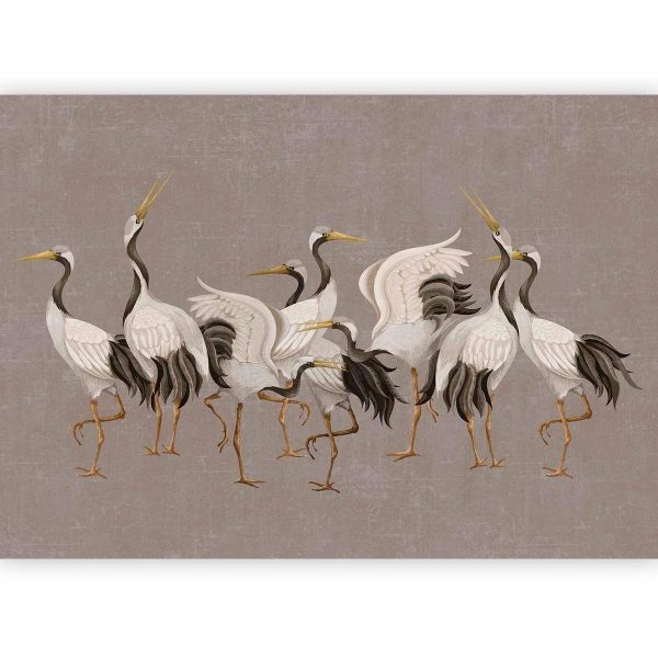 Papier peint - Crane dance – bright silhouettes of birds against a warm grey background with texture