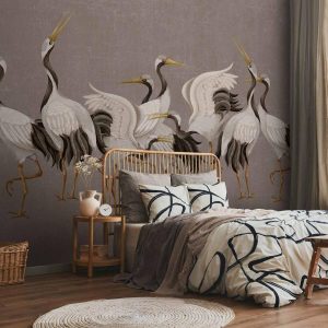 Papier peint - Crane dance – bright silhouettes of birds against a warm grey background with texture