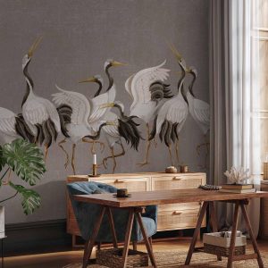 Papier peint - Crane dance – bright silhouettes of birds against a warm grey background with texture