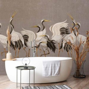 Papier peint - Crane dance – bright silhouettes of birds against a warm grey background with texture