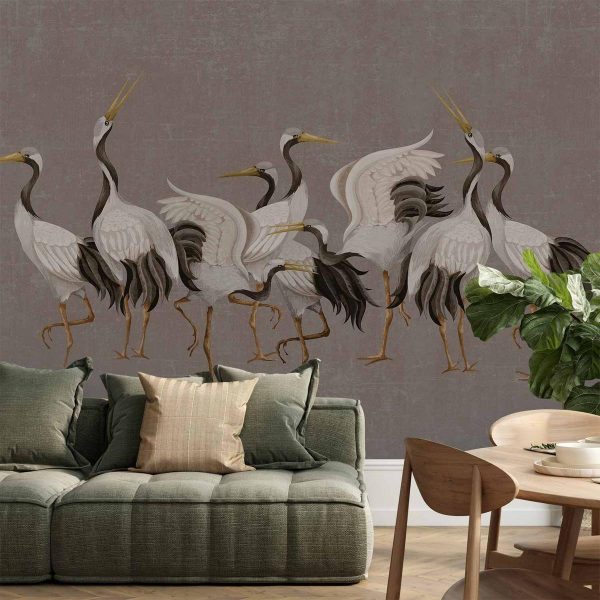 Papier peint - Crane dance – bright silhouettes of birds against a warm grey background with texture Papier peint - Crane dance – bright silhouettes of birds against a warm grey background with texture