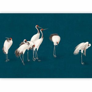 Papier peint - Evening by the pond - a group of cranes drawn in dry pastel on a dark turquoise background
