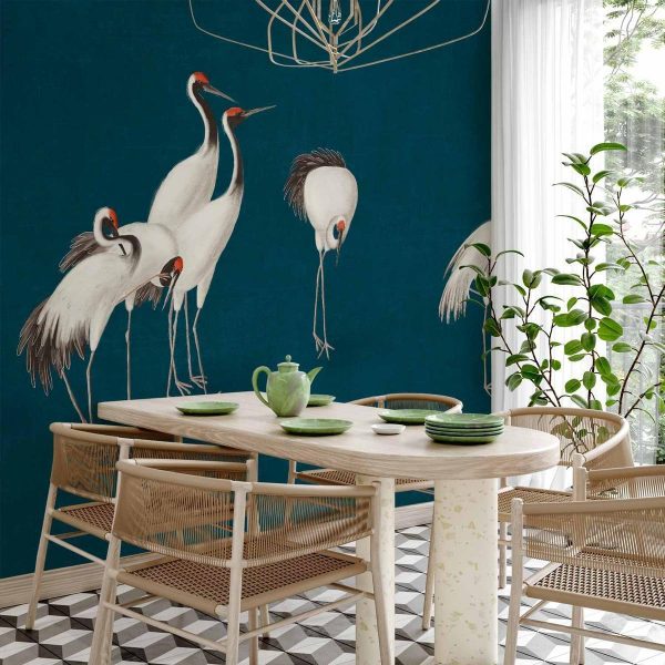 Papier peint - Evening by the pond - a group of cranes drawn in dry pastel on a dark turquoise background