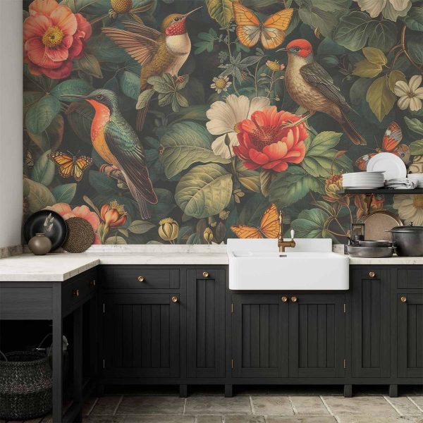 Papier peint - Flowers, birds and butterflies – vintage-style illustration