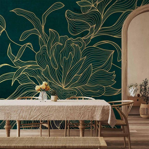 Papier peint - Green boudoir - linear drawing of a flower in golden colours on a dark background