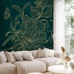 Papier peint - Green boudoir - linear drawing of a flower in golden colours on a dark background