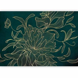 Papier peint - Green boudoir - linear drawing of a flower in golden colours on a dark background